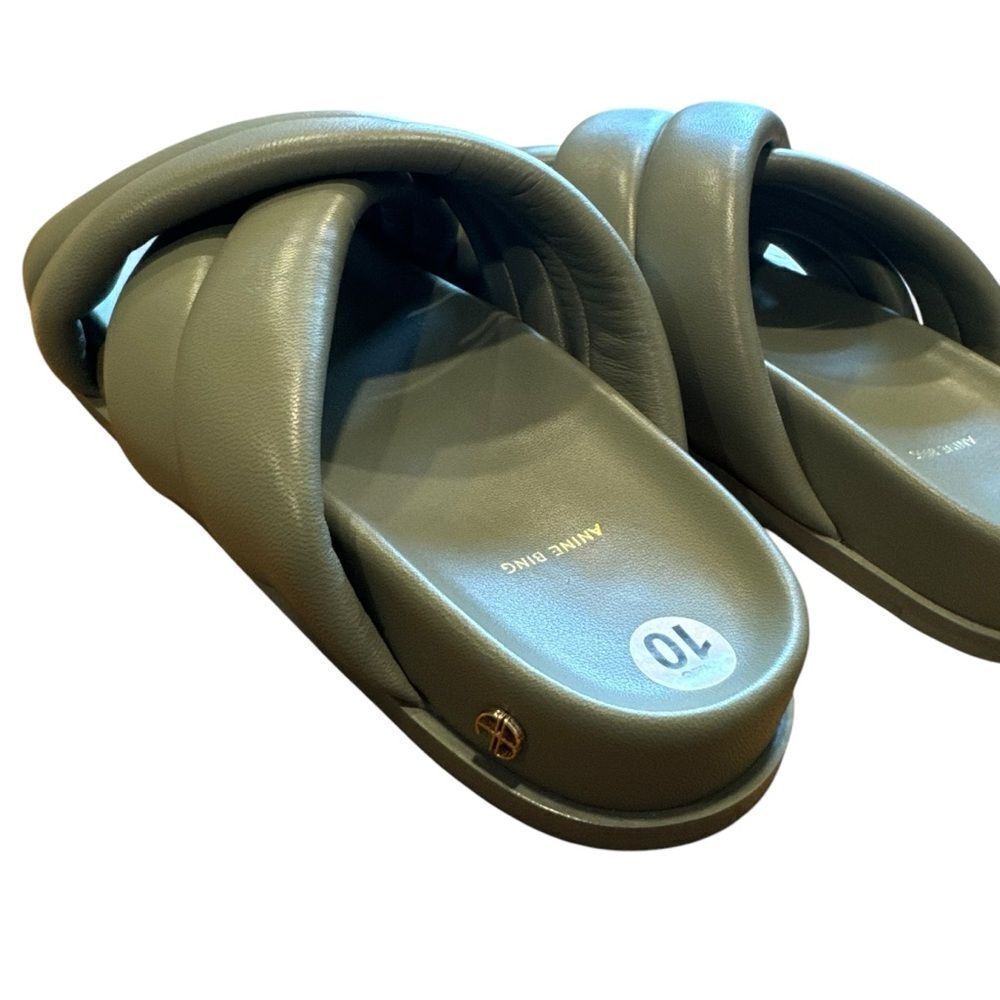 Revolve Anine Bing Lizzie Lamb Leather Slides in Green Khaki Sandals - Picture 10 of 11